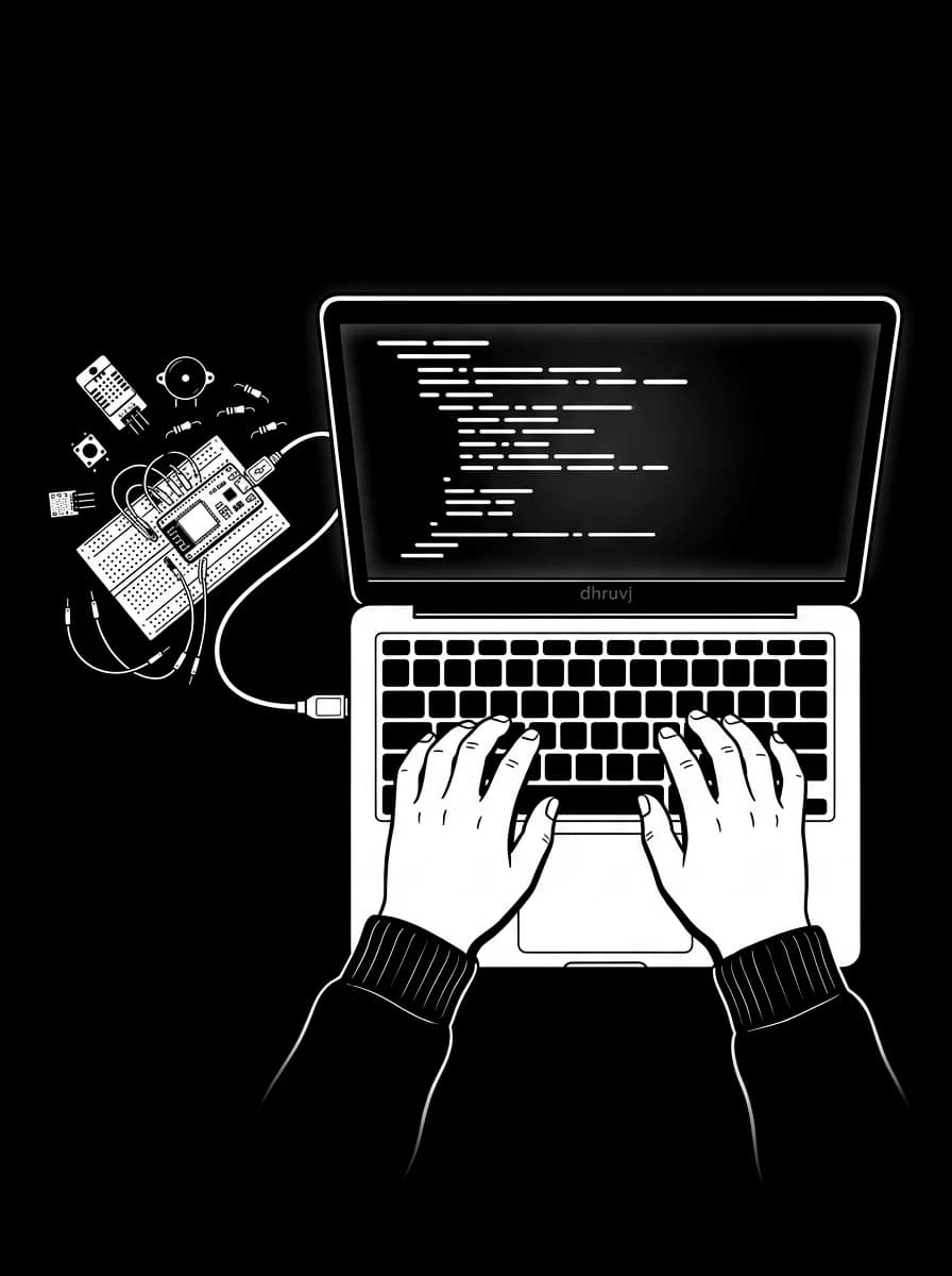 Top-down illustration of hands typing on a laptop, wired by USB to an ESP32 breadboard prototype.